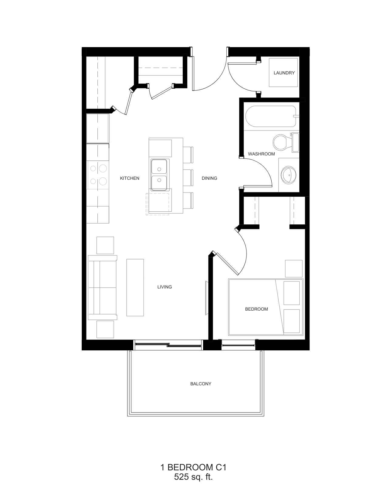 One bedroom C1 floor plan, 525 square feet