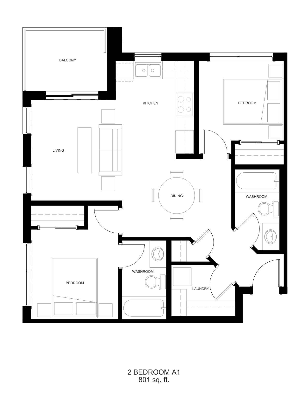 Two bedroom A1 floor plan, 801 square feet
