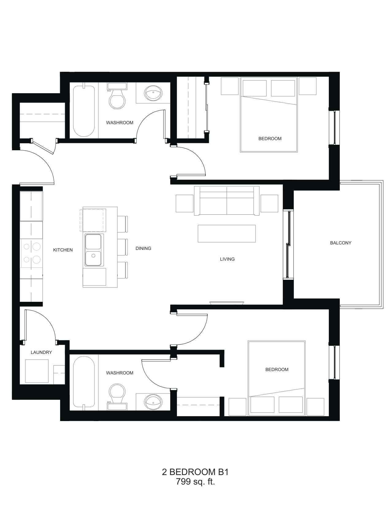 Two bedroom B1 floor plan, 799 square feet