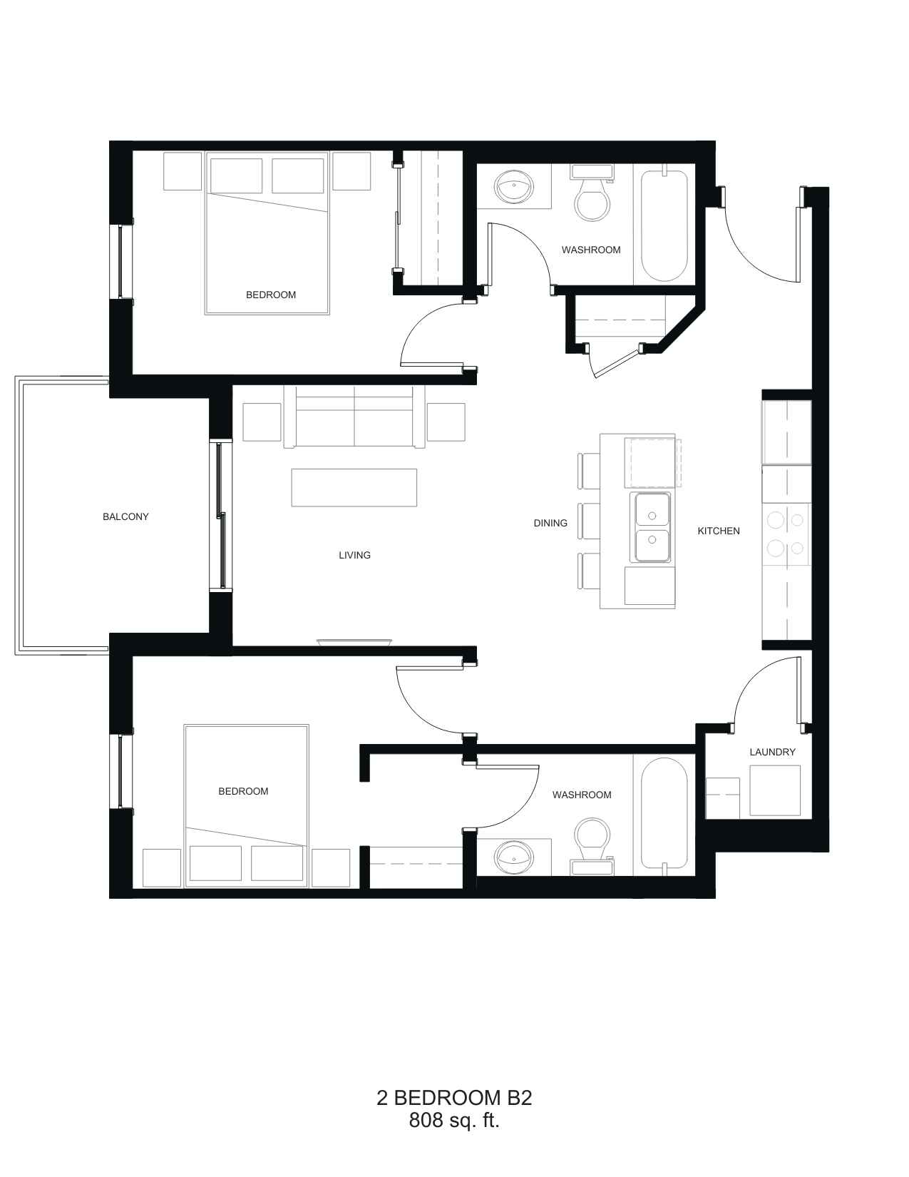 Two bedroom B2 floor plan, 808 square feet