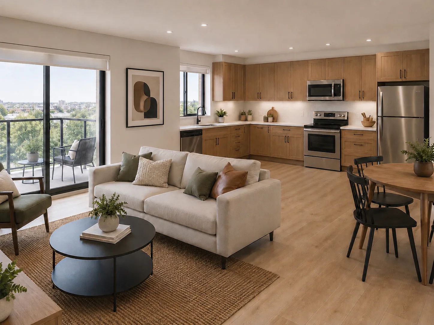 Two-bedroom kitchen and living rendering