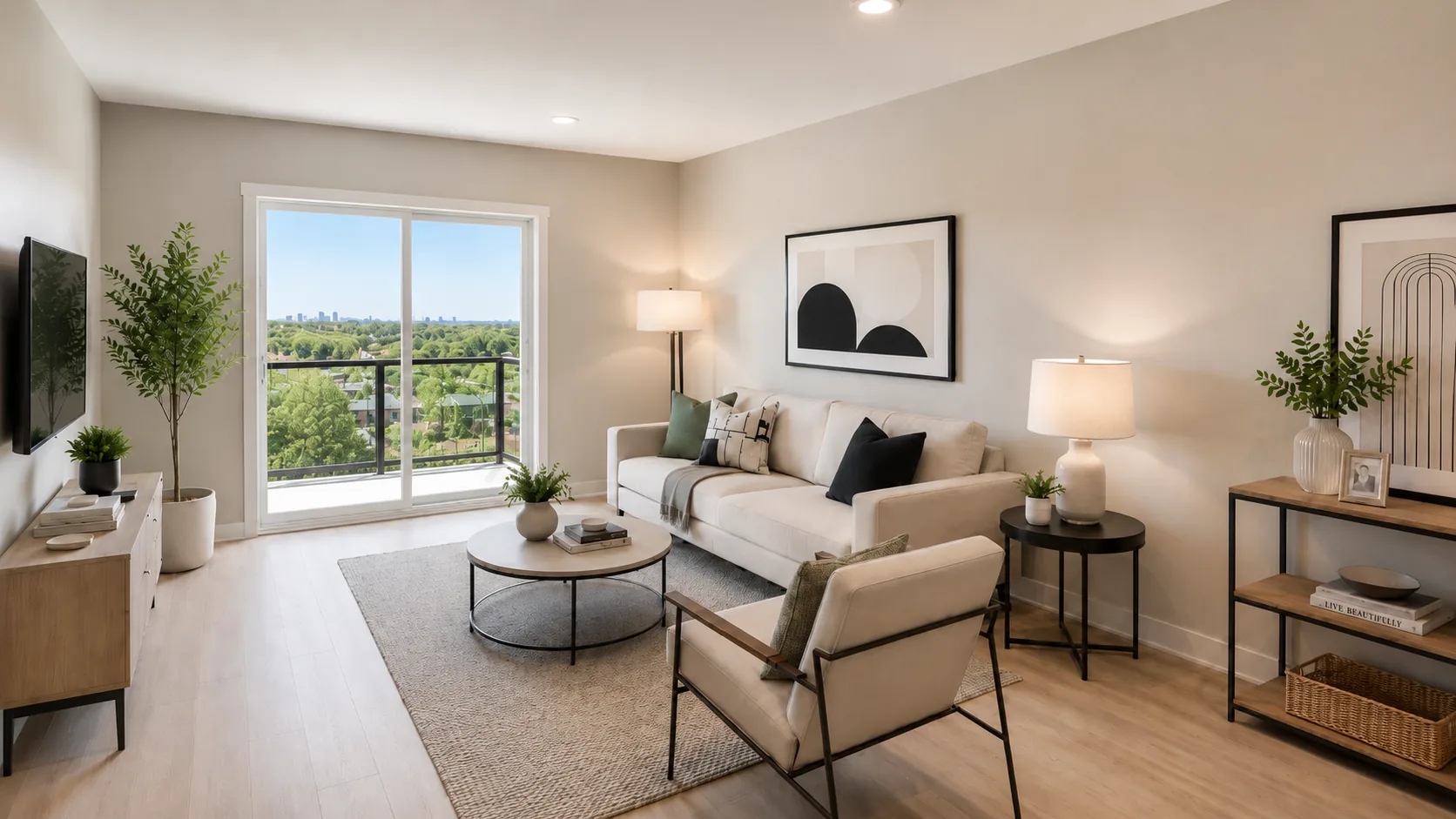 Bright living room rendering at Imperial on Eighty Three